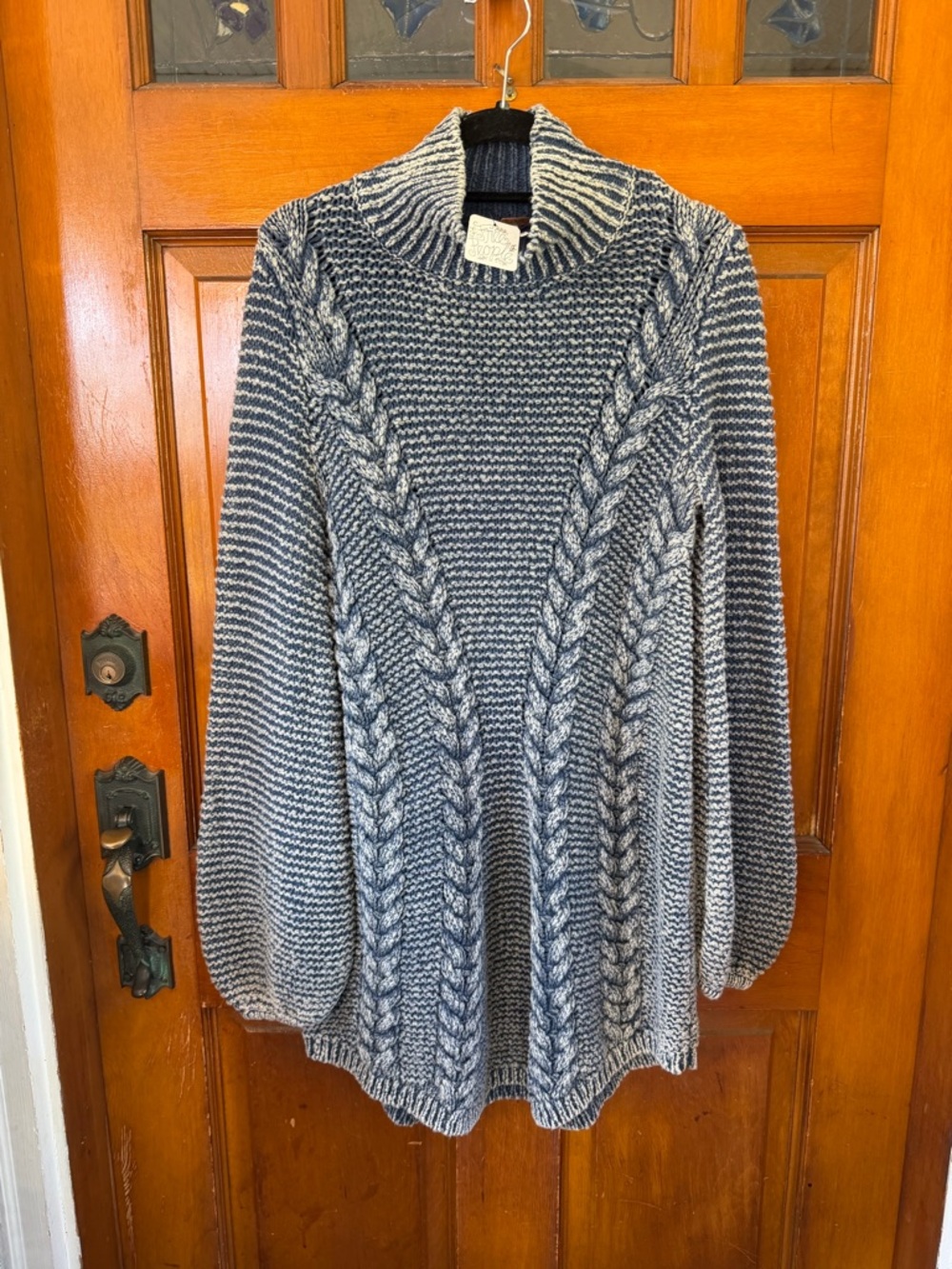 NWT Free People Cable Knit Mock Neck Tunic Long Sweater Sz M Blue Gray Oversized